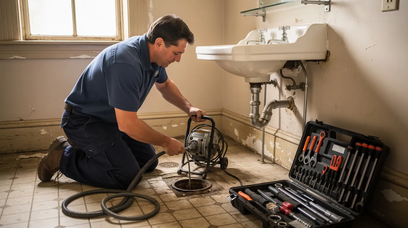 A professional plumber is using specialized equipment to clear a clogged drain in an older home, demonstrating effective drain cleaning techniques. The scene highlights the importance of addressing drain problems promptly to maintain a healthy plumbing system.