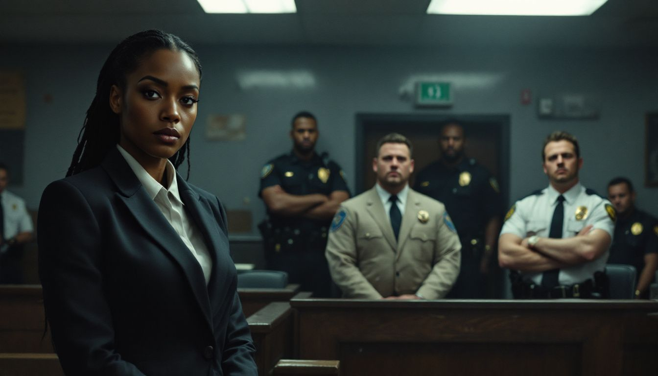 A courtroom scene highlighting legal recourse for victims of police misconduct, featuring attorneys in action.