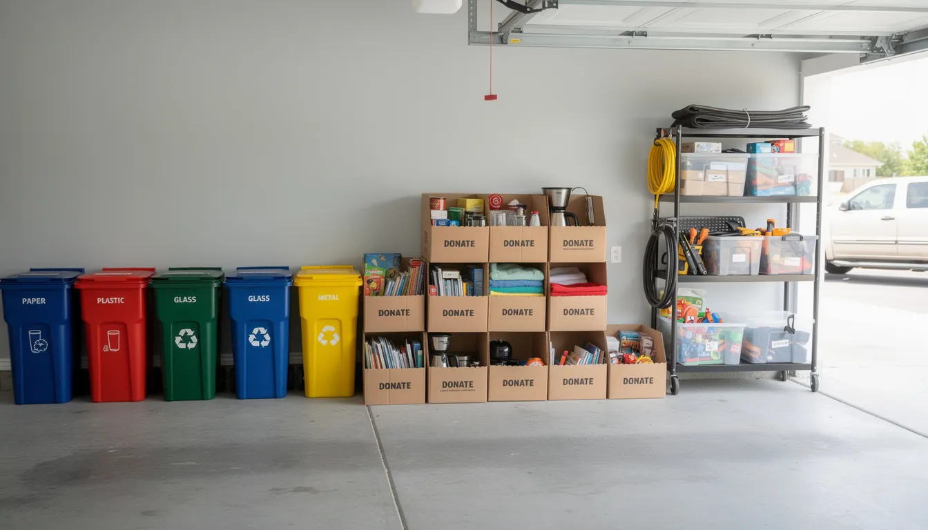 The image shows neatly organized recycling bins alongside sorted donation items, all arranged as part of a garage cleanout project. This scene highlights the effectiveness of professional garage cleanout services in reclaiming garage space and managing unwanted items.