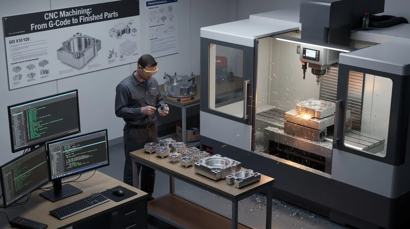 The image depicts a CNC machining setup, showcasing various CNC machines, including a CNC mill and a CNC router, engaged in the automated manufacturing process. It highlights the transition from G-Code programming to the production of high-precision parts, illustrating the integration of CAD and CAM software in modern manufacturing.