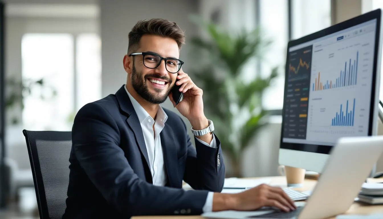 A small business owner sits confidently at a desk, engaged in a phone conversation with a financial adviser while reviewing various financial graphs and charts on their computer screen. The image captures a moment of success as they smile, having made an important decision regarding quantum lending solutions to enhance their company's financial health, adding new ones to their portfolio. 