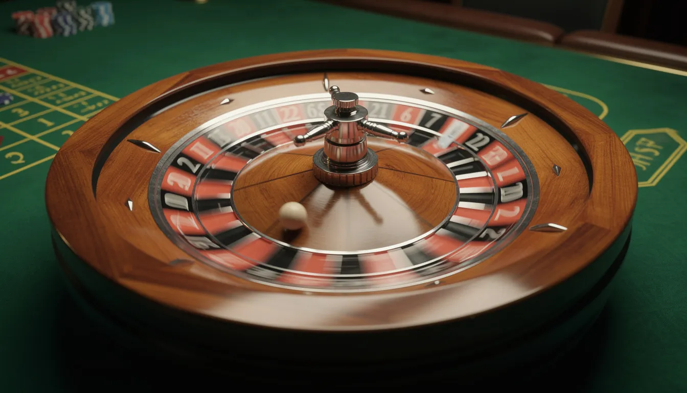 En bild av ett roulette-hjul som snurrar på ett grönt bord, vilket skapar en spännande atmosfär som ofta förknippas med spelupplevelser på jackpot city casino. Hjulet är fyllt med färgglada nummer och marker, vilket ger en känsla av förväntan och chans.