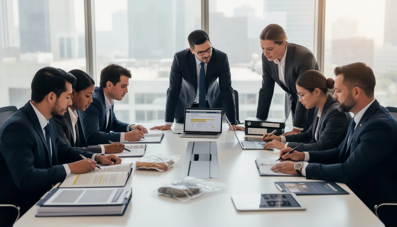 A group of experienced motorcycle accident attorneys is gathered around a conference table, intently reviewing case documents and evidence related to motorcycle accident claims. They are discussing strategies to help motorcycle accident victims recover compensation for their medical bills and lost wages resulting from serious injuries.