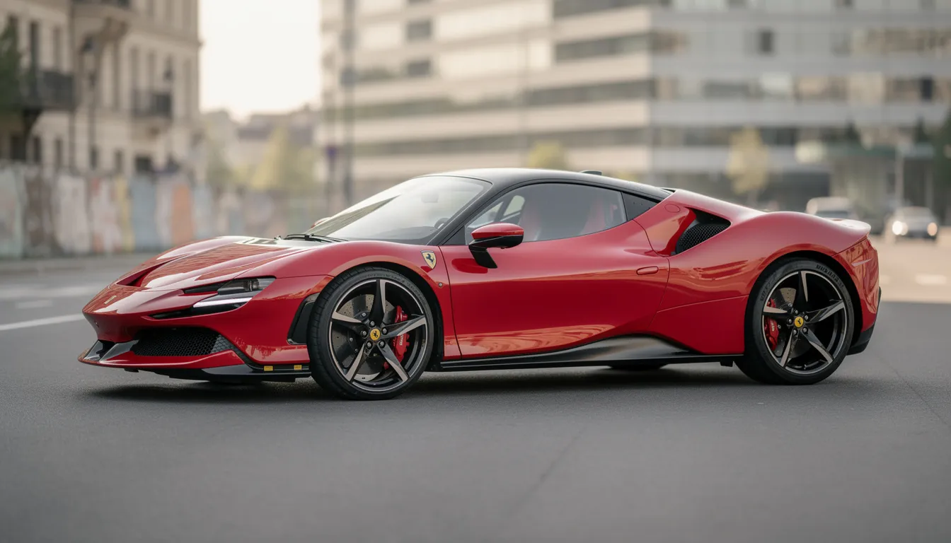 Ein roter Ferrari SF90 Stradale steht in der Ferne, umgeben von einer malerischen Kulisse, die die Eleganz und Leistung dieses italienischen Sportwagens unterstreicht. Die hochrealistische Fotografie zeigt die dynamischen Linien des Fahrzeugs, das für Motorsport und Straßenrennen konzipiert ist.