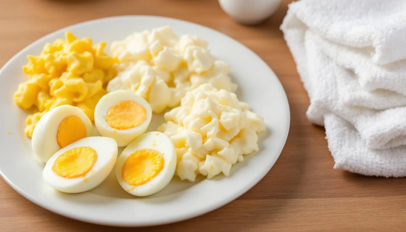 In the image, various types of eggs prepared for dogs are displayed, including hard-boiled eggs, scrambled eggs, and raw eggs, showcasing options that are beneficial for a dog