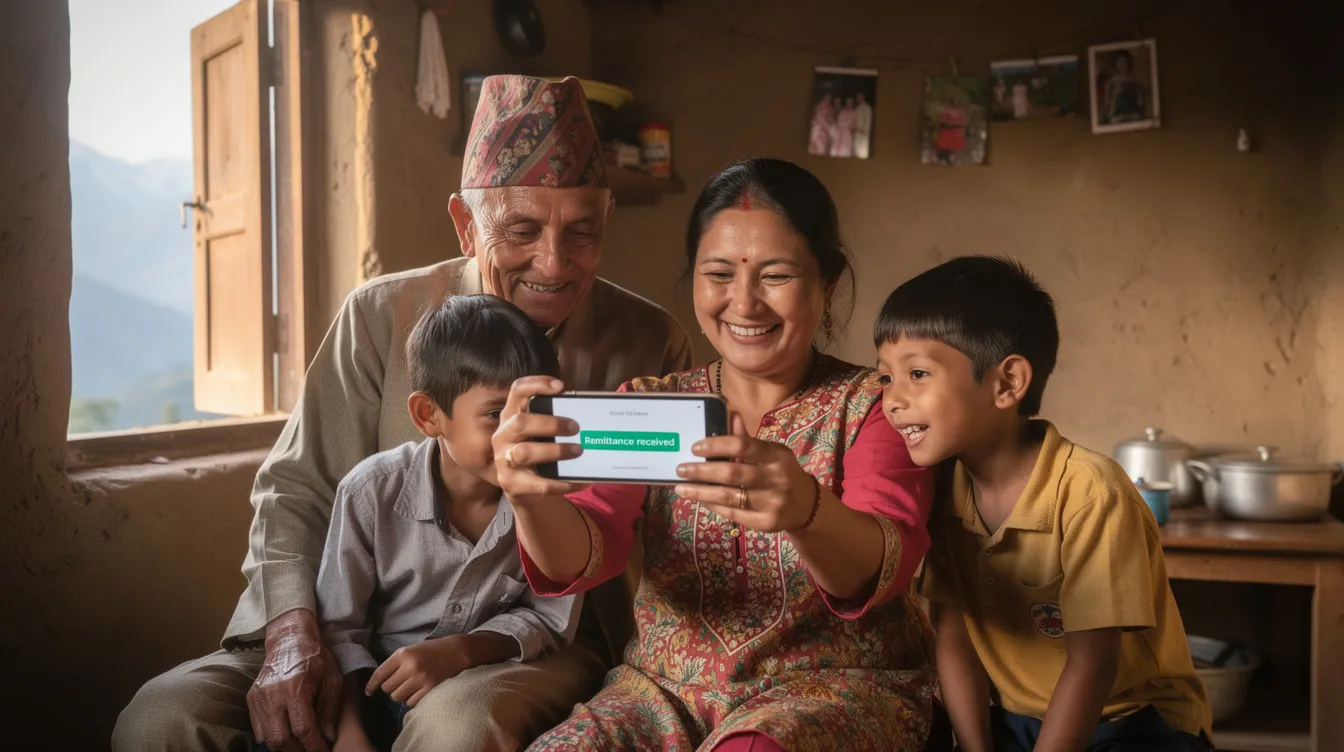A joyful family in Nepal is gathered around a smartphone, excitedly receiving a remittance notification. This moment highlights the convenience of digital wallets and mobile banking in managing everyday financial transactions, including utility payments and money transfers.
