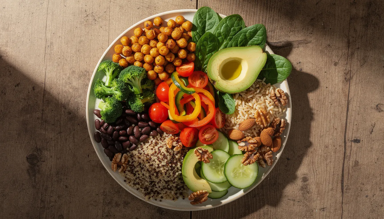 The image features a vibrant plate brimming with a variety of colorful vegetables, legumes, whole grains, and nuts, all drizzled with olive oil, emphasizing the importance of a healthy diet for promoting longevity and overall health. This visually appealing arrangement highlights healthy dietary patterns that can contribute to improved cognitive function and reduced risk of chronic diseases.