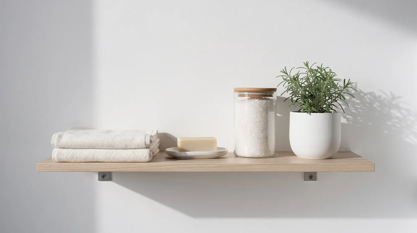 A minimal bathroom shelf displays a bar soap, a glass jar filled with bath salts made from natural ingredients, a soft cotton towel, and a small green plant, creating a serene and eco-friendly atmosphere. This setup emphasizes a plastic-free approach to body care, perfect for those with sensitive skin.