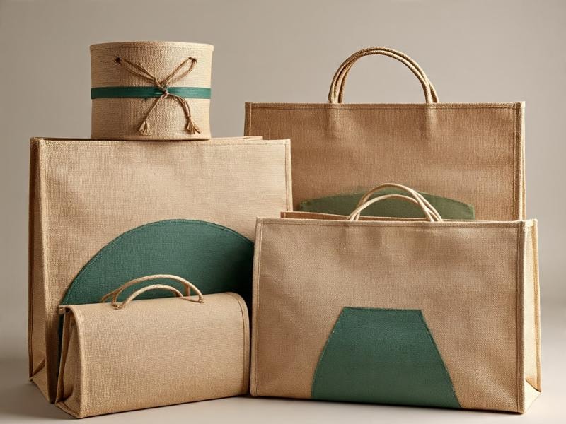A picture showing several brown jute bags, each decorated with green fabric accents, placed neatly on a light surface.