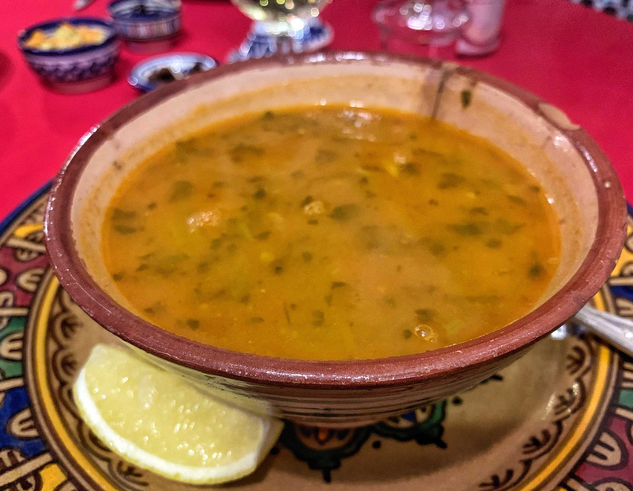 A bowl of Harira soup serves in Fez, Morocco.