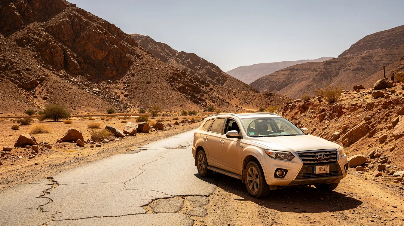 SUV blanco aparcado en una carretera de montaña árida en Marruecos.