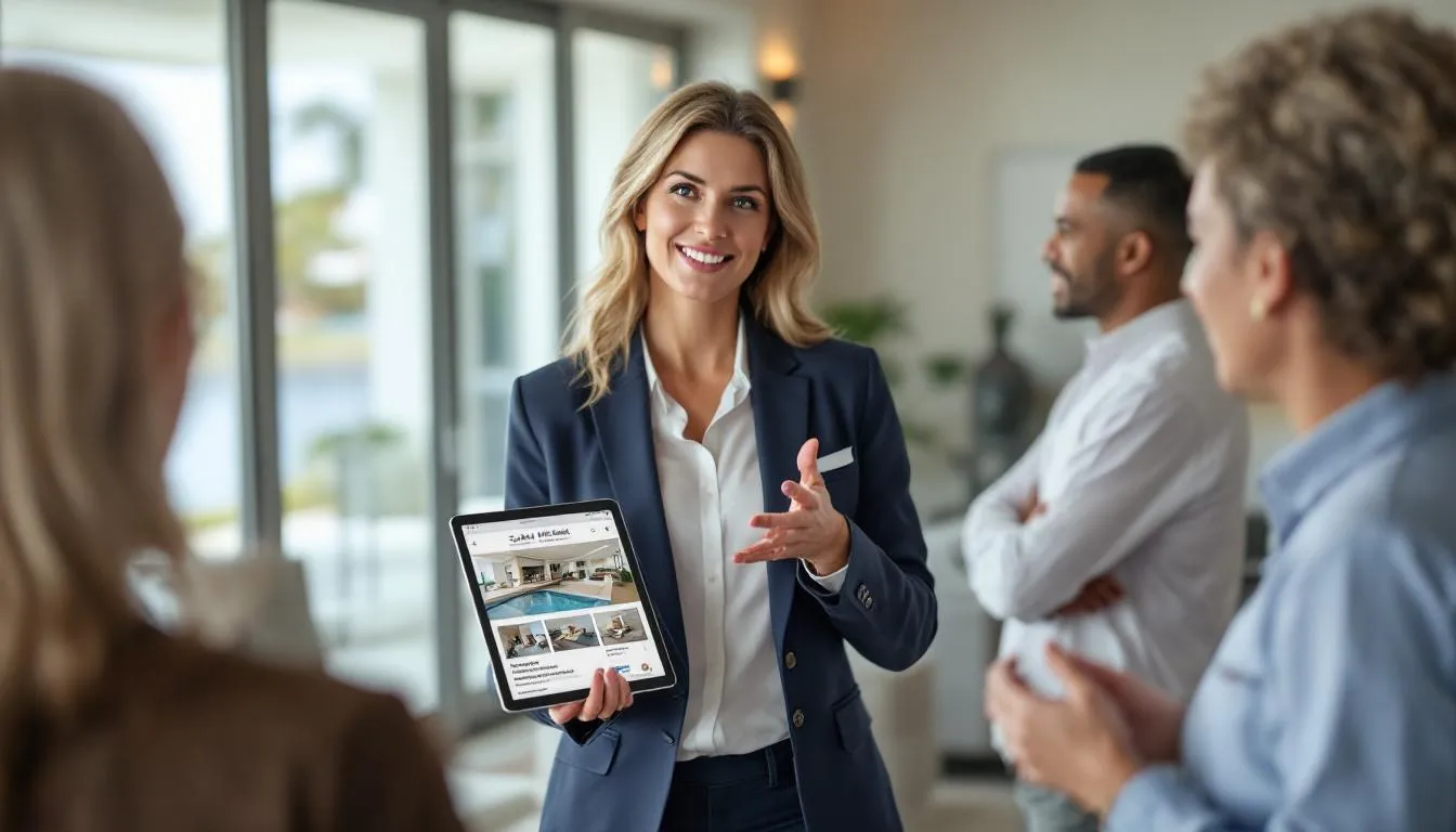 A professional real estate agent is showcasing Punta Rassa condo listings on a tablet to potential buyers, highlighting stunning views and newly renovated properties in Fort Myers, FL. The setting reflects a welcoming atmosphere, ideal for families interested in waterfront homes for sale in the Southwest Florida market.