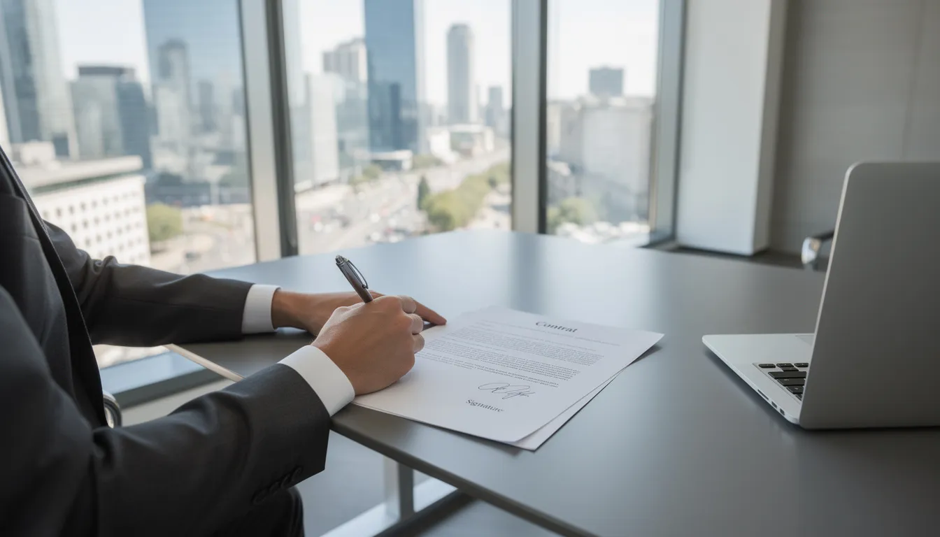 Un professionnel est assis à un bureau moderne, signant des documents importants avec une vue urbaine sur Dubaï en arrière-plan. Cette scène évoque la création d'une société aux Émirats Arabes Unis, illustrant l'environnement dynamique des affaires dans cette région.