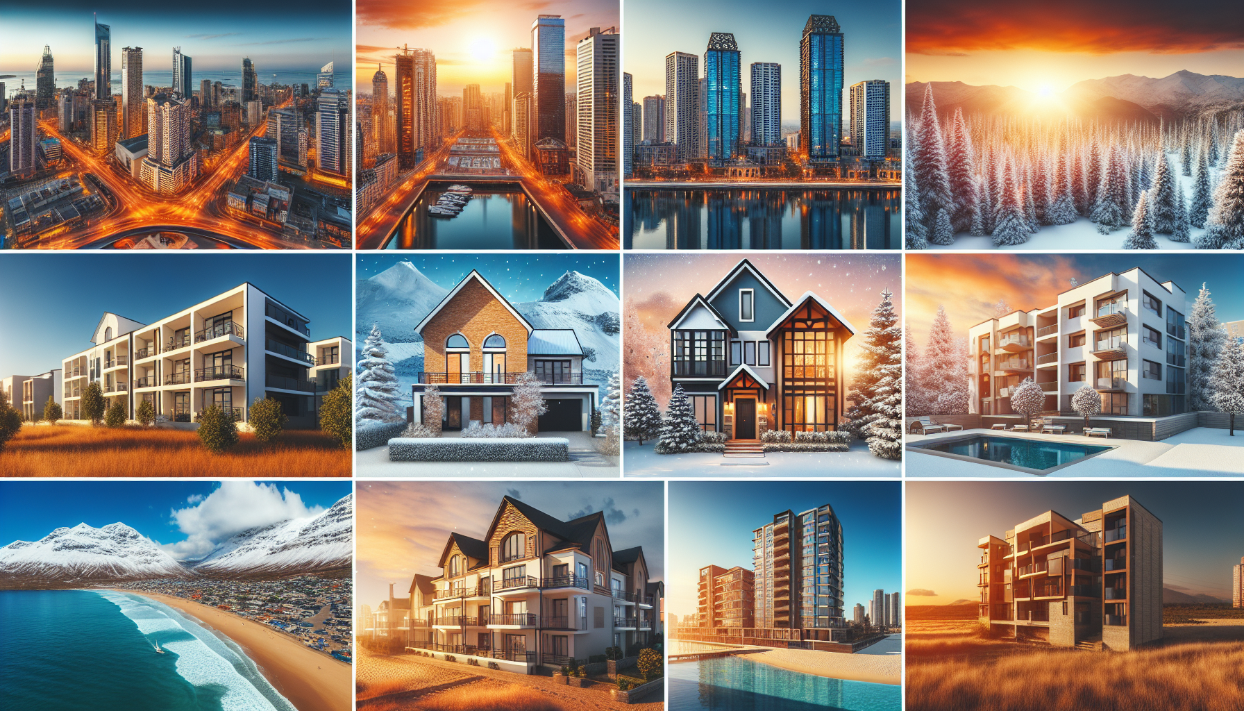 Illustration of a diverse set of apartment buildings in different geographical locations