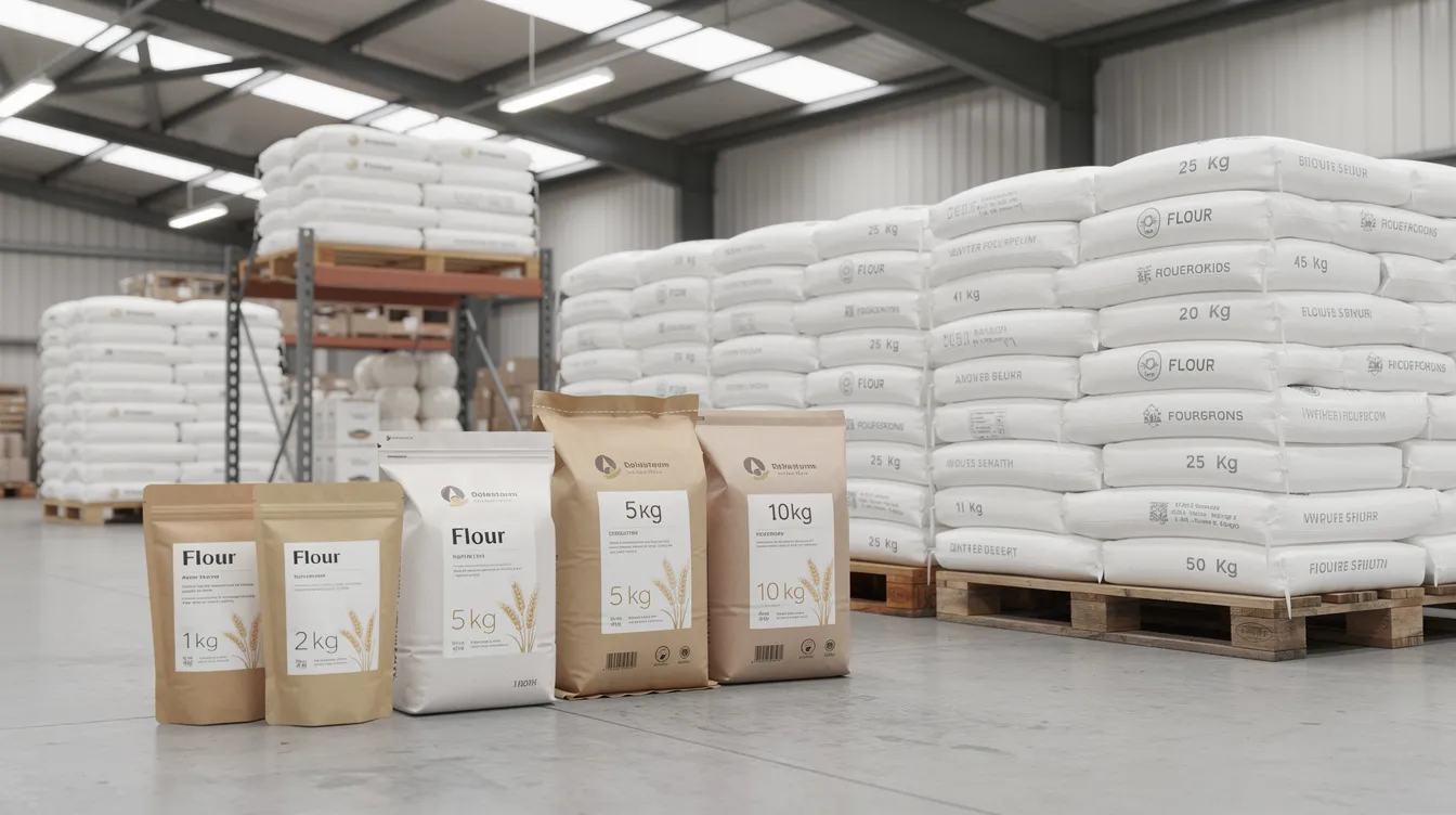 The image depicts a warehouse filled with various sizes of flour packaging bags, ranging from small retail pouches to large industrial sacks, showcasing a variety of products such as besan and gram flour. This arrangement highlights the scale of production and the diverse offerings available for customers in the flour industry.
