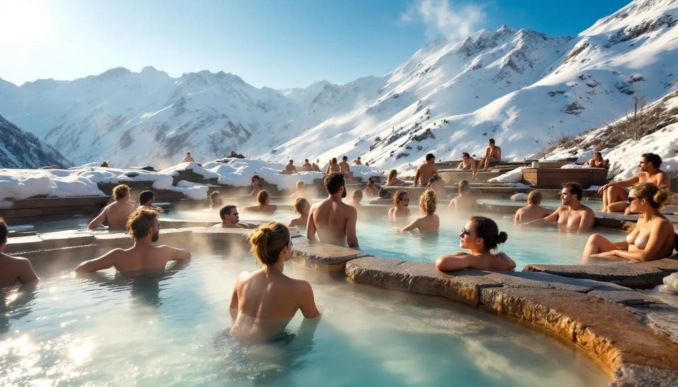 The image shows people enjoying relaxation in outdoor thermal pools surrounded by snow-covered mountains, highlighting the serene atmosphere of the thermal baths. The scenic backdrop of the Tatra Mountains enhances the experience of these thermal spas, perfect for a day trip from Krakow.