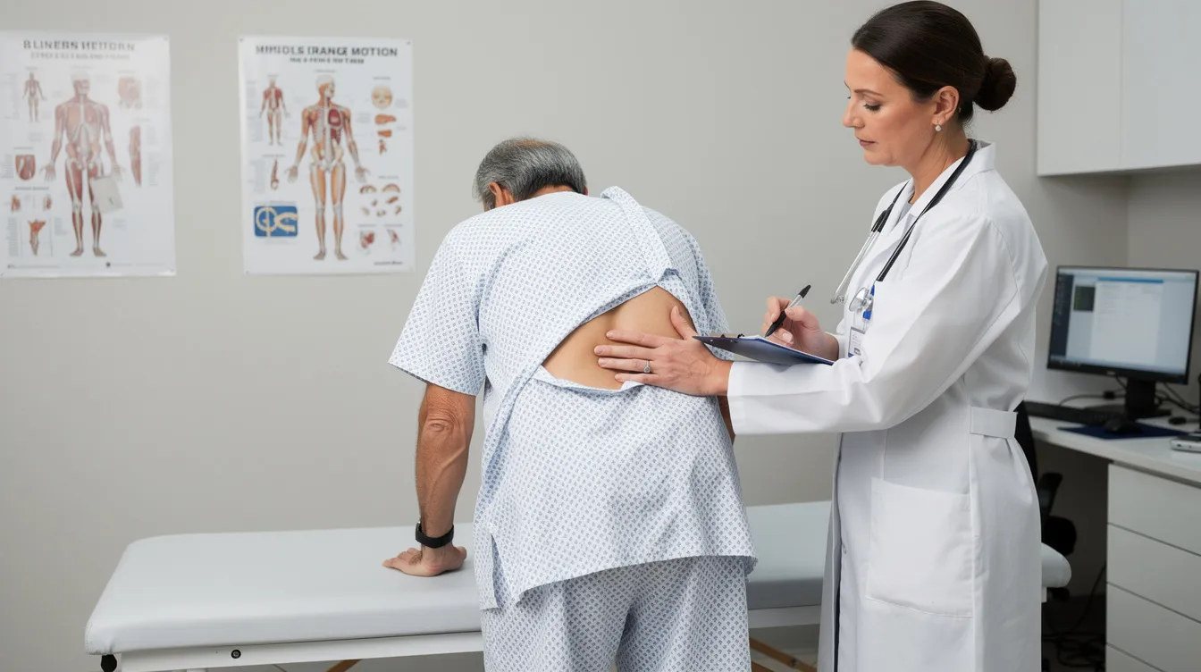 A medical professional is conducting a physical examination of a patient's lower back range of motion in a clinical setting, assessing for issues related to chronic back pain and potential spinal disorders. This evaluation may involve gathering objective medical evidence to support disability claims, such as those related to degenerative disc disease or lumbar spinal stenosis.