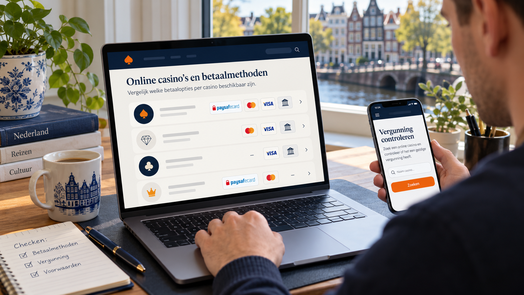 Speler vergelijkt betaalmethoden van casino’s en bekijkt een scherm voor vergunningcontrole.