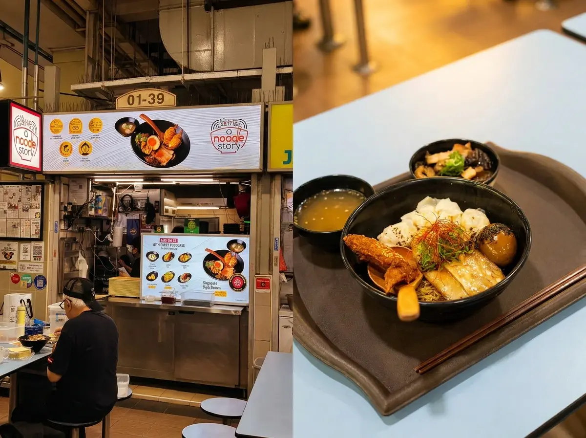 A side-by-side split image showcasing "A Noodle Story" food stall at a hawker centre on the left, and a close-up of their signature Singapore-style ramen bowl with wontons and char siu on a tray on the right.
