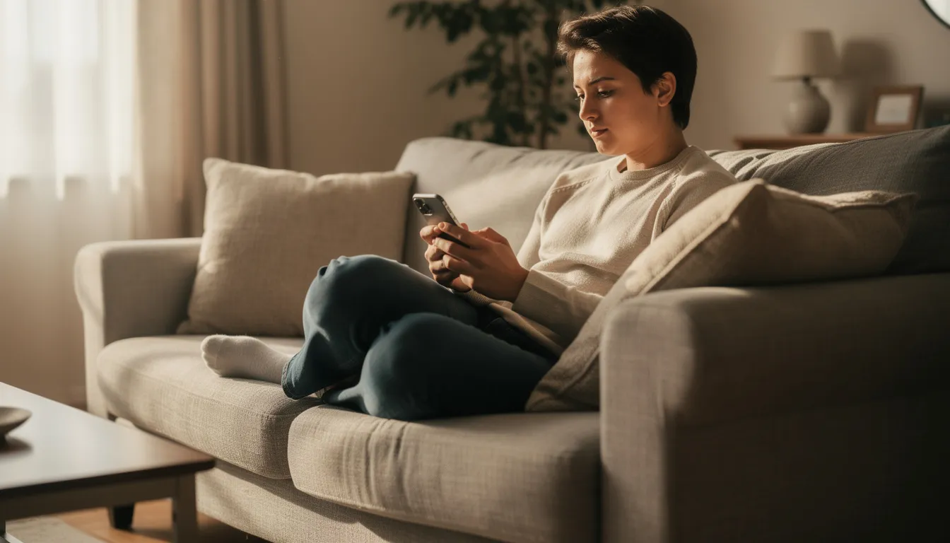 En person sitter bekvämt i en soffa och spelar på sin mobiltelefon, förmodligen med fokus på ett spel hos jalla casino. Atmosfären är avslappnad och det verkar som om personen njuter av sitt spelande.