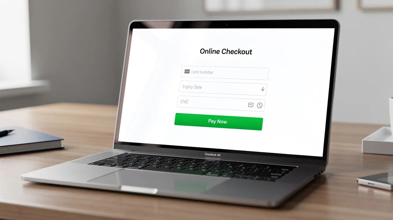 A laptop sits on a desk, showcasing an online checkout page with fields for card entry and a prominent pay button, illustrating how payment processors facilitate online transactions for businesses. This setup highlights the importance of accepting diverse payment methods to enhance cash flow for ecommerce and online retailers.