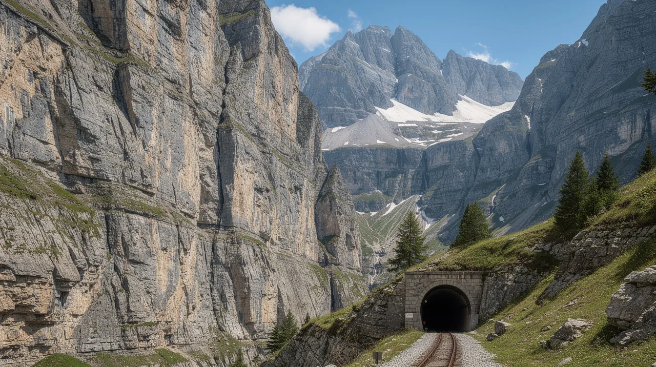 Die beeindruckende Schweizer Berglandschaft zeigt massive Felswände, die majestätisch in den Himmel ragen, sowie einen markanten Tunneleingang, der in die Felsen eingelassen ist. Diese Szenerie verkörpert die natürliche Schönheit der Schweiz und könnte als Symbol für Sicherheit und Wert in der Lagerung von Edelmetallen wie Gold und Silber dienen.