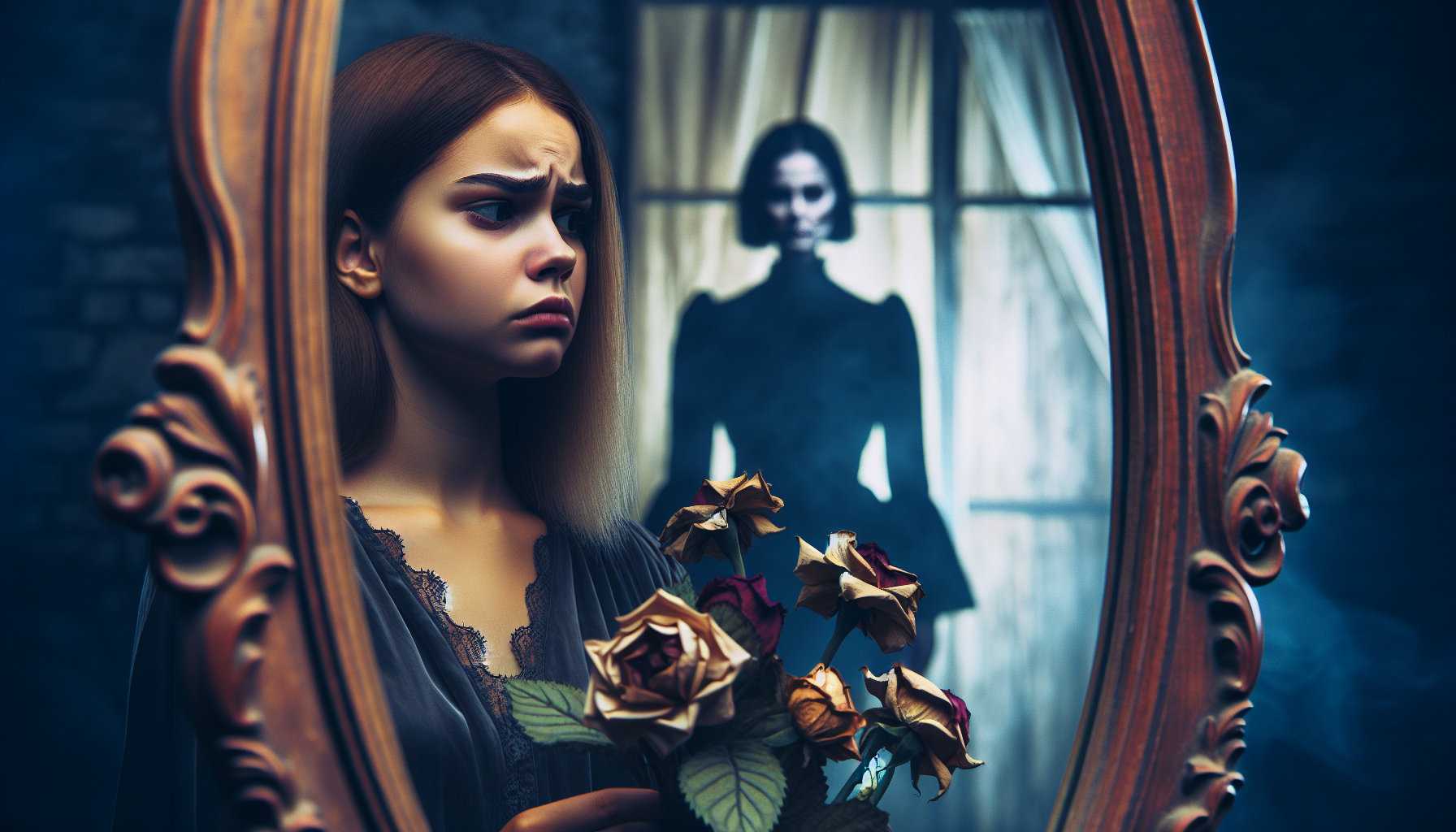 A person looking in the mirror with a doubtful expression, reflecting the impact of a narcissistic mother on her daughter's self-esteem