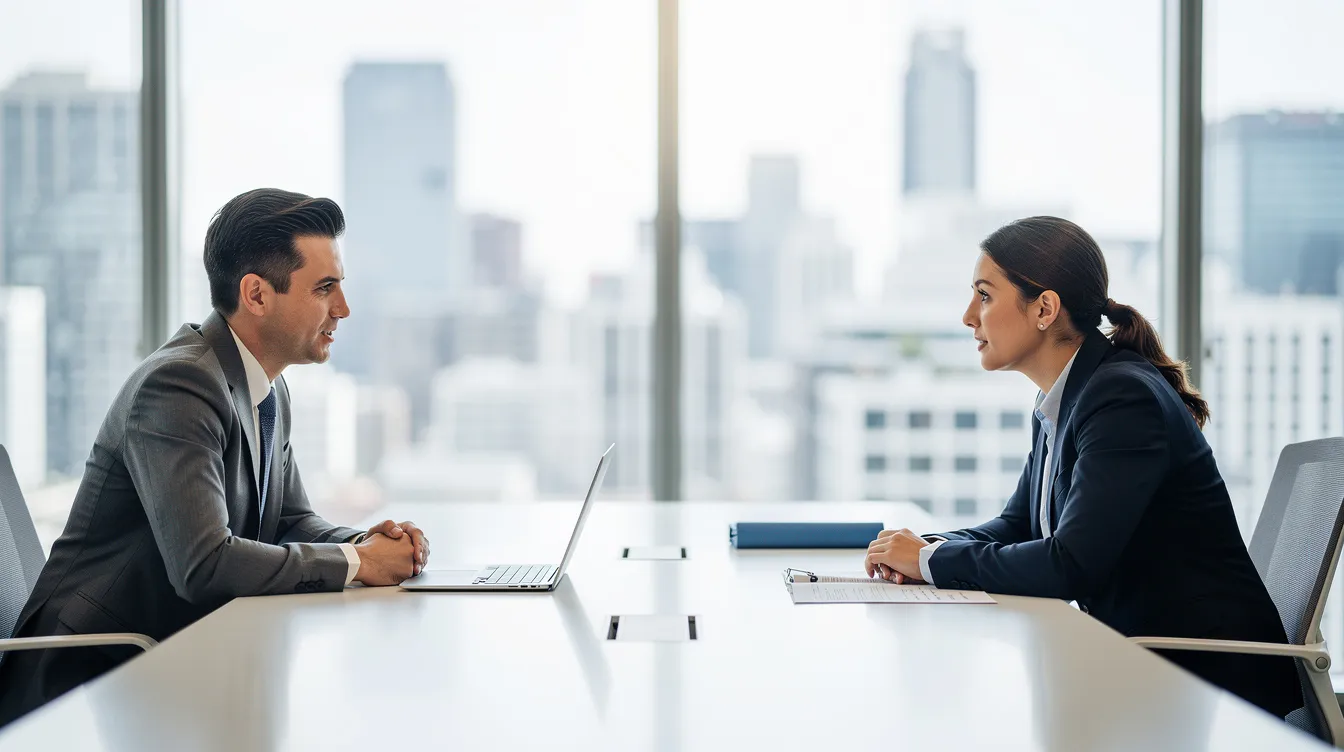 A professional in business attire is engaged in a meeting with a client across a sleek conference table in a modern office setting, highlighting the importance of relationship building in business to business (B2B) interactions. The atmosphere suggests a focus on franchise opportunities and proven business models to foster long-term client relationships.