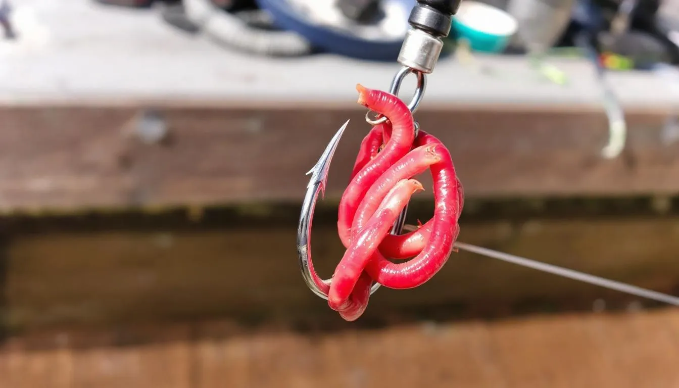 Na haczyku znajdują się czerwone robaki, które są najlepszą przynętą do połowu lina. W tle widać wodę, w której lin żeruje najczęściej, otoczoną roślinnością wodną.