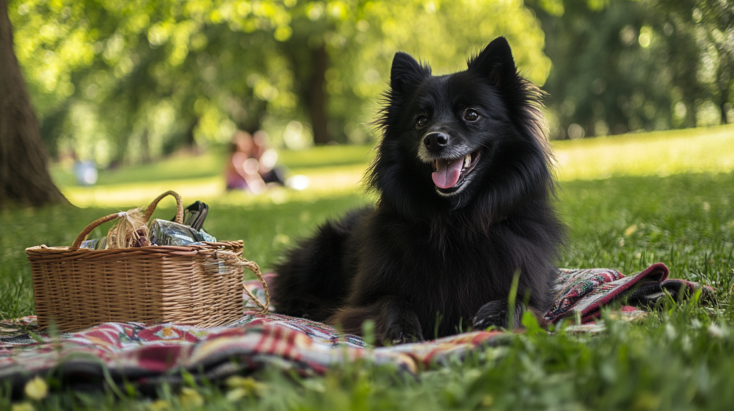 A Lappie laying in a on a picnic blanket in a park