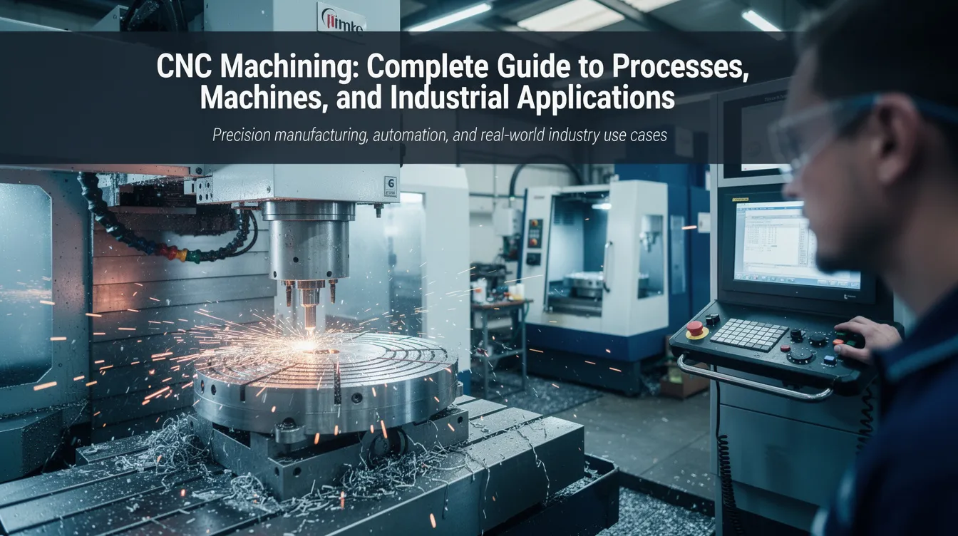 The image depicts a detailed overview of CNC machining processes, showcasing various modern CNC machines such as CNC lathes and milling machines, along with cutting tools and CAD software used in precision manufacturing. It illustrates the essential components of the CNC machining technology, highlighting its applications in industries like aerospace and automotive for producing complex parts with tight tolerances.