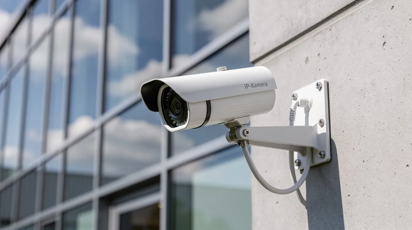 Eine IP-Überwachungskamera ist an einer Gebäudefassade montiert und erfasst das Tageslicht, um die Sicherheit des Objekts zu gewährleisten. Diese Kamera ist Teil eines umfassenden Sicherheitssystems, das zur Einbruchmeldeanlage gehört und regelmäßige Wartung benötigt, um eine optimale Funktionalität zu garantieren.