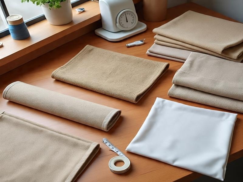 An image showing materials used in making grocery bags on a wooden table with sewing tools and thread near a bright window.
