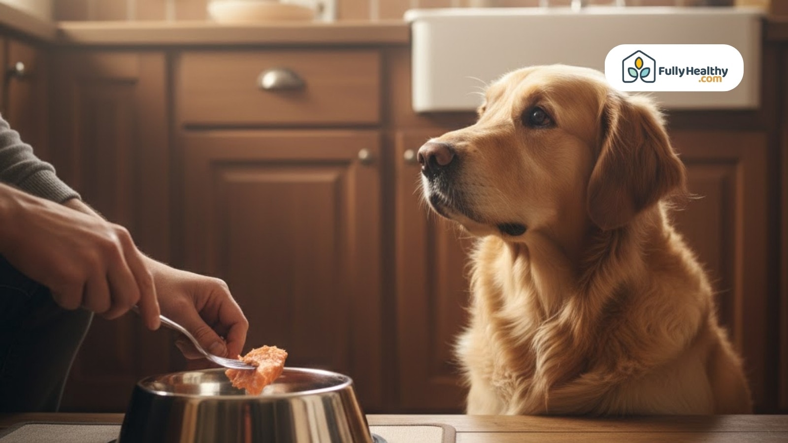Dog watches as salmon is served into bowl with fork in cozy kitchen