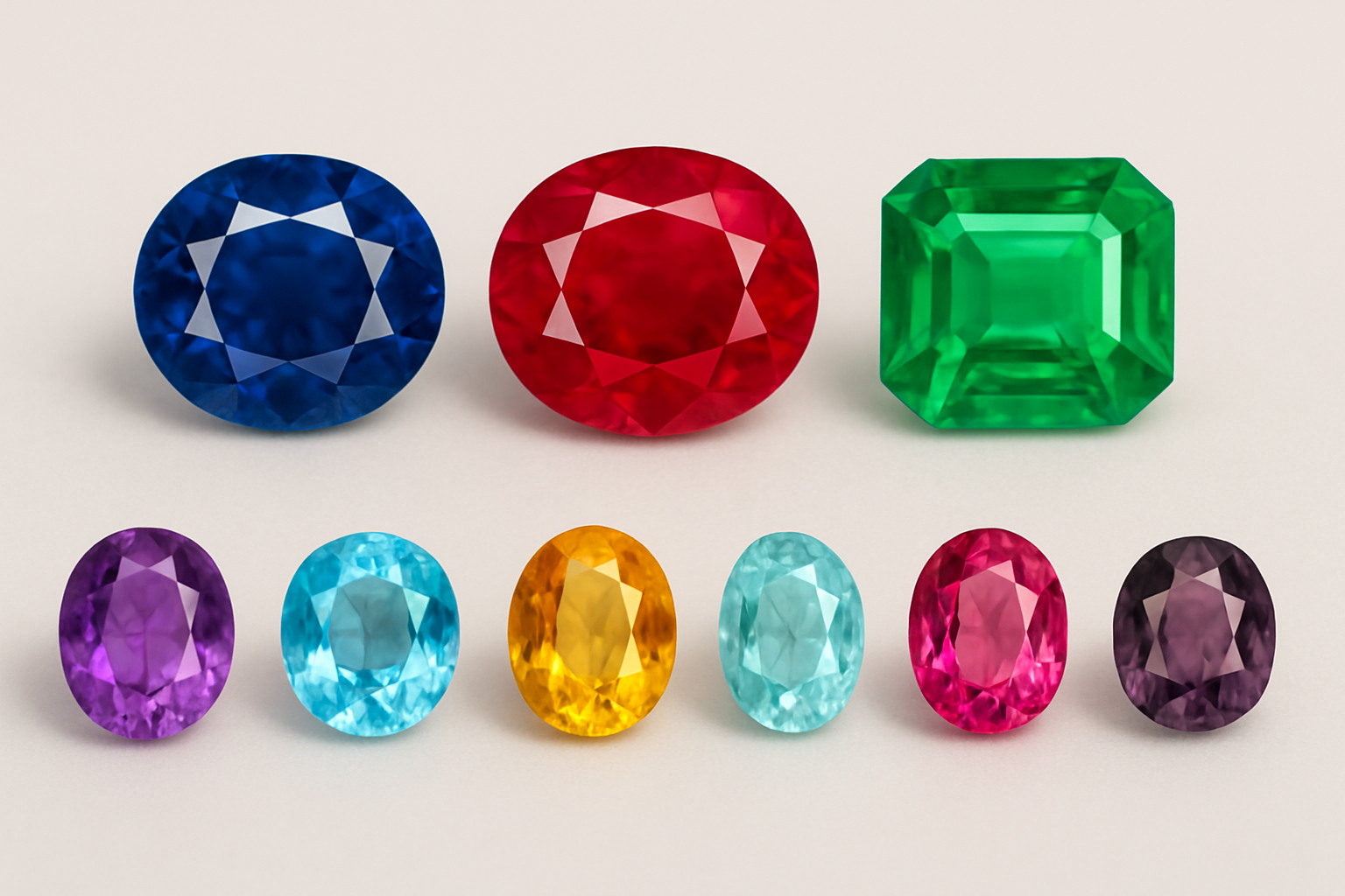 safyras, rubinas ir smaragdas, ir – pusbrangiai akmenys: ametistas, topazas, citrinas, akvamarinas, turmalinas ir spinelis.