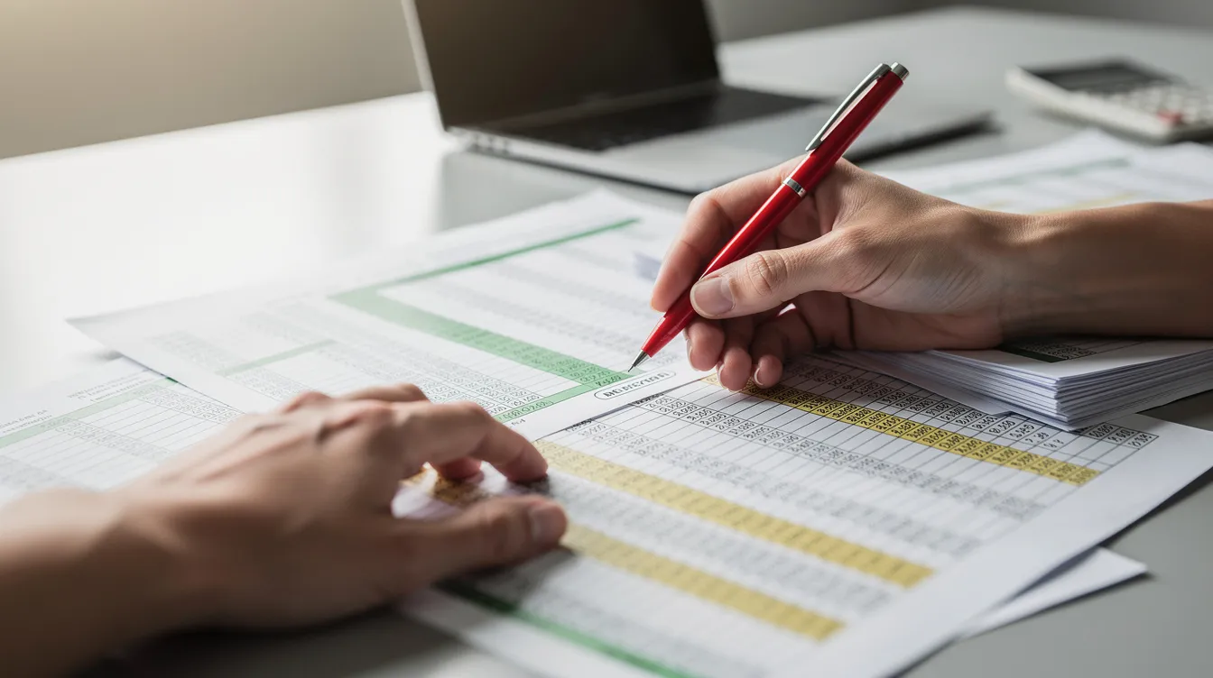 aa9bae2e 84c1 44b3 9f68 6d9ede8b1b38 The image shows a person's hands holding a red pen, carefully reviewing financial documents and spreadsheets spread out on a table, which likely include elements such as balance sheets and cash flow statements relevant for a mudra loan project report. This scene captures the meticulous process of assessing project costs and preparing detailed project reports for potential bank loans.