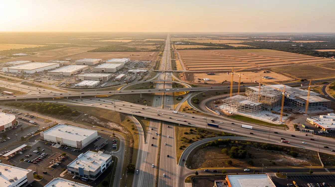 A busy highway interchange surrounded by active commercial development and construction activity in Central Texas.