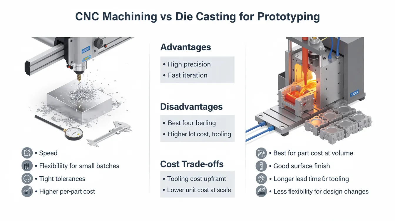 The image illustrates a comparison between CNC machining and die casting for prototyping, highlighting their respective advantages and disadvantages. It features visual elements representing the CNC machining process with computer-controlled tools and die casting, showcasing molten metal being poured into a mold, emphasizing the differences in manufacturing techniques for producing complex metal parts.