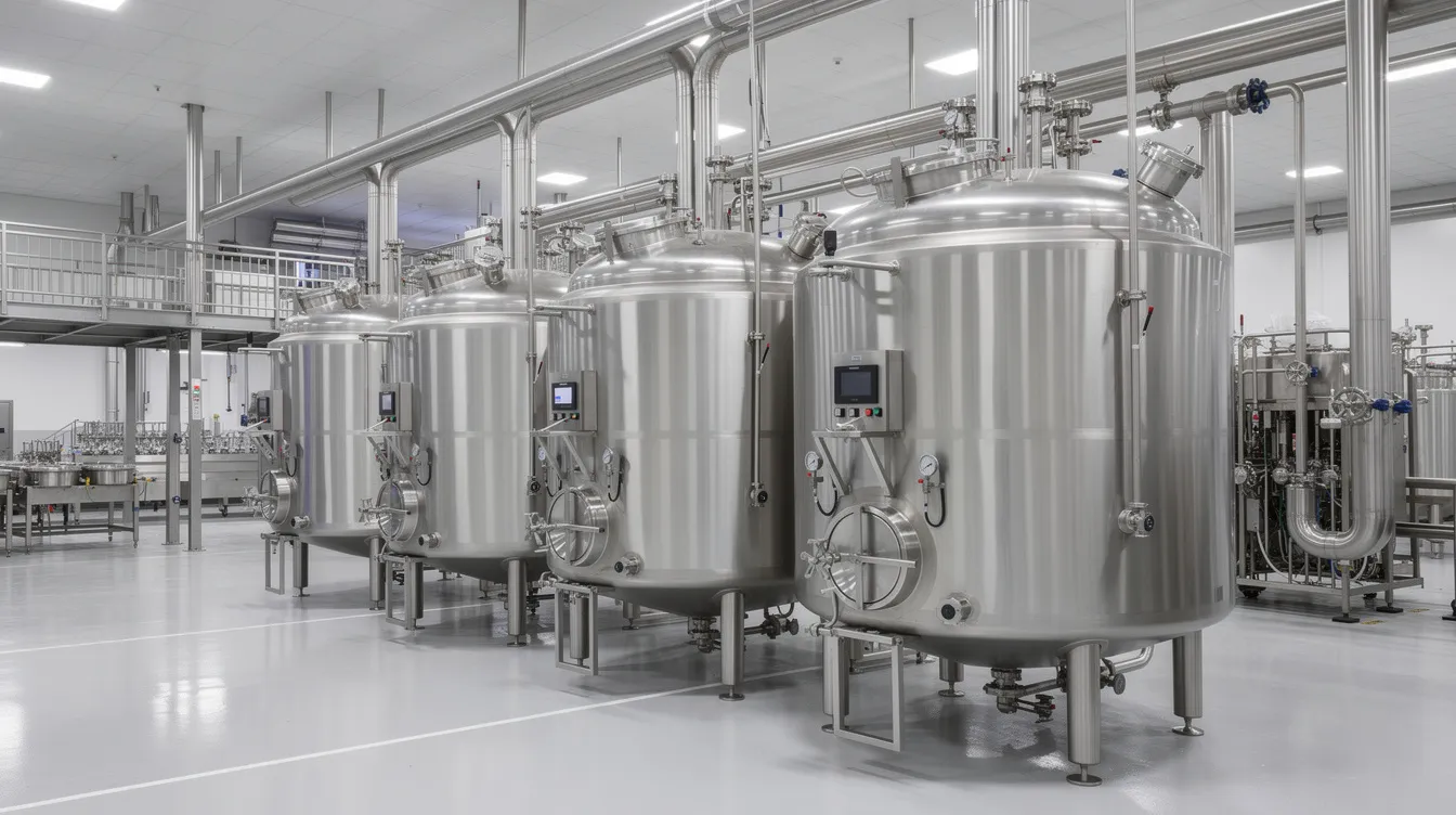 aa9ff25b 5970 4594 ba7c 8f9da3d3129b The image features industrial stainless steel milk processing tanks located inside a modern dairy processing plant. This setup highlights the advanced manufacturing process used for pasteurized milk, ensuring consistent quality and compliance with food safety regulations.