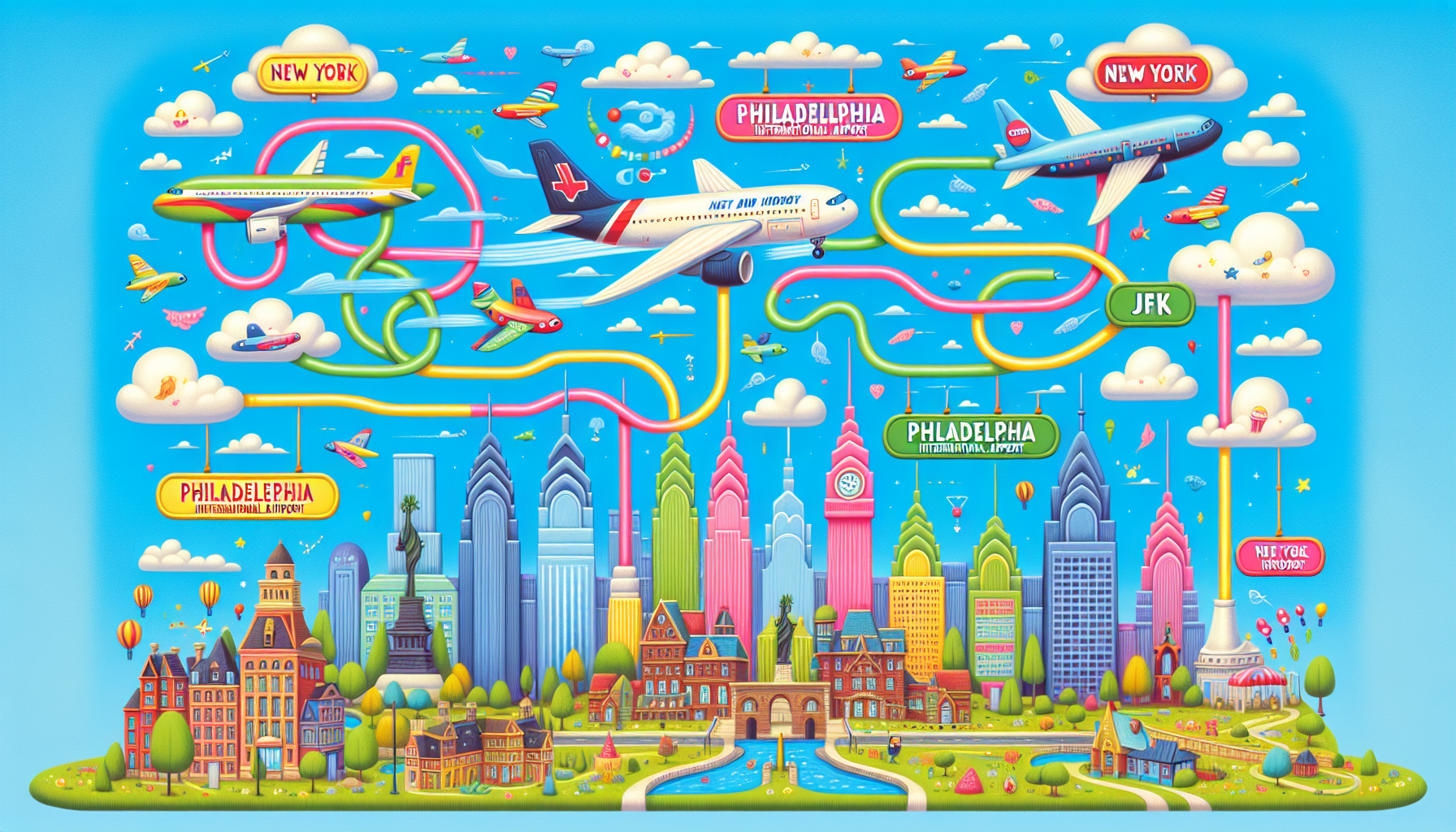 An illustration of direct flights from JFK to Philadelphia International Airport.