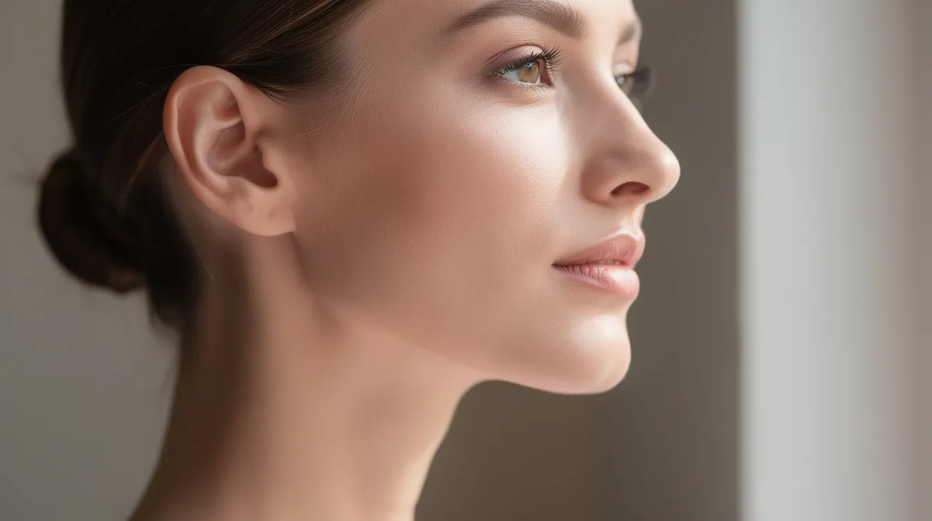 The image shows a woman with a slim tapered jawline, viewed from the side, illuminated by natural lighting. Her refined jawline highlights the effects of jawline slimming treatments, such as masseter botox, contributing to a softer and more symmetrical appearance.