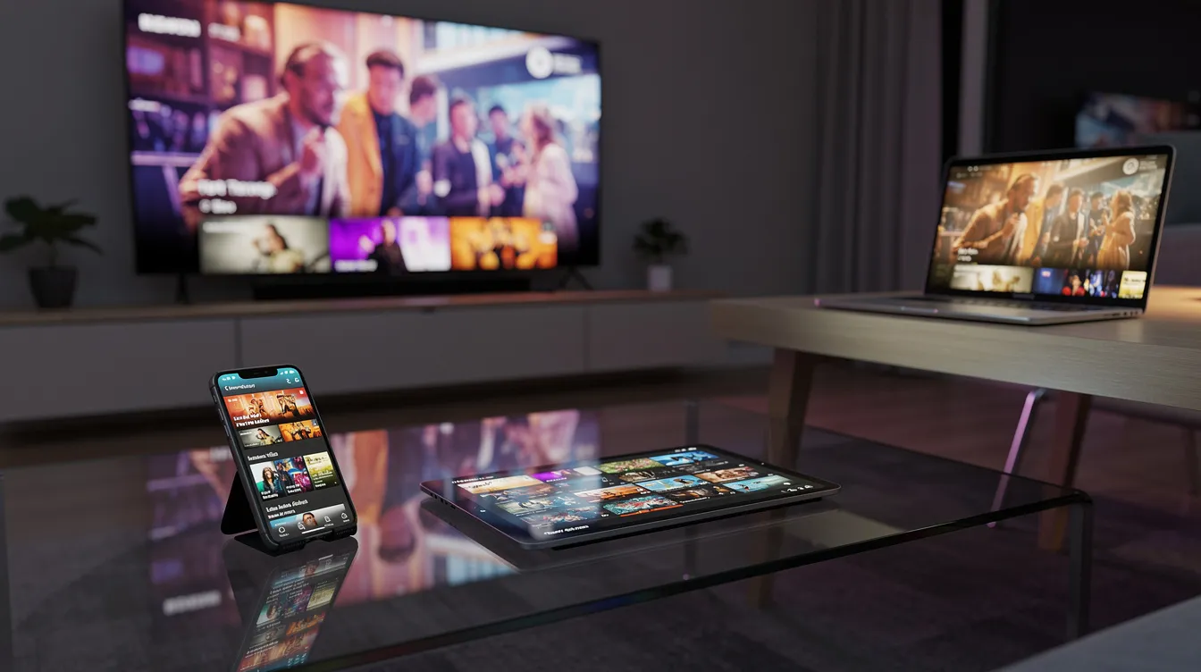 The image showcases multiple devices including a tablet, smartphone, laptop, and smart TV, all streaming content simultaneously, highlighting the versatility of IPTV services. Viewers can enjoy live TV channels, premium sports channels, and a massive VOD library with seamless streaming across compatible devices.