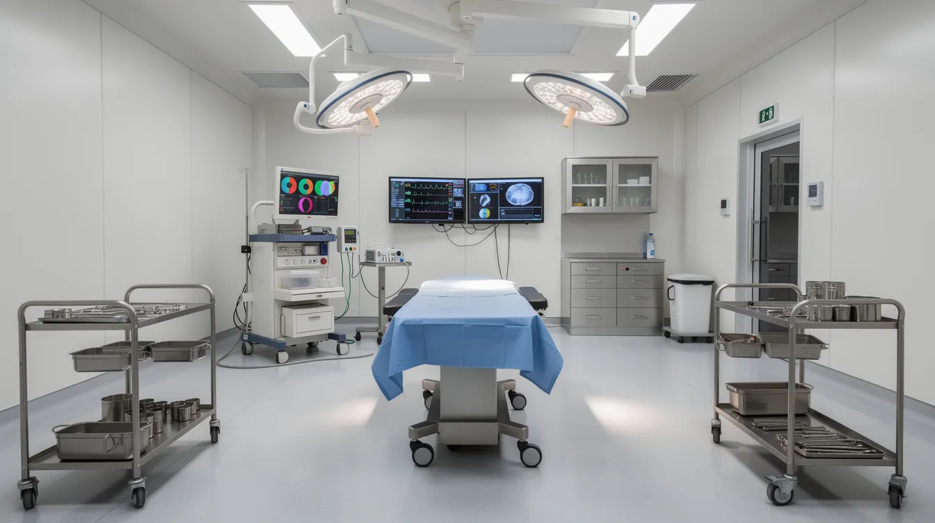 The image depicts a clean and modern surgical suite, illuminated by bright lighting, showcasing various medical equipment typically used in procedures like gynecomastia surgery. This environment is designed for surgical treatments aimed at addressing issues such as excess breast tissue in males, ensuring a sterile and efficient space for board-certified plastic surgeons.
