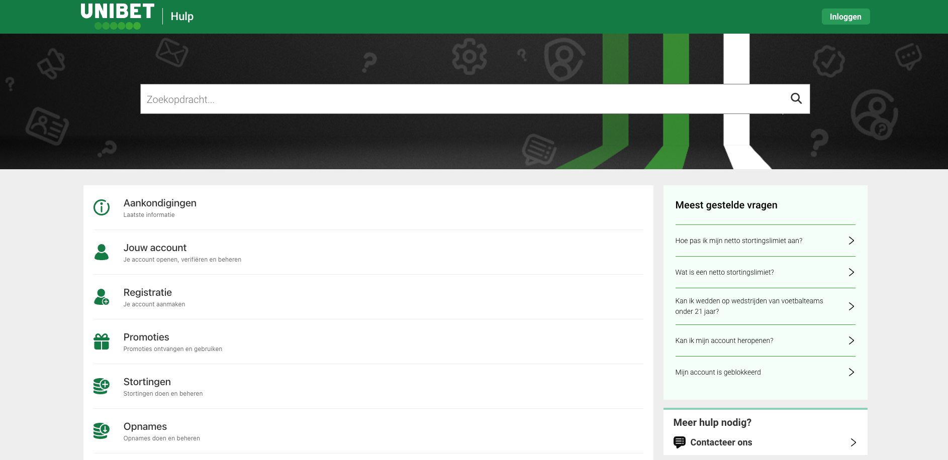 Overzicht van de Unibet helpdesk en klantenservice, met onderwerpen zoals accountbeheer, registratie, stortingen, opnames en promoties, plus een sectie met veelgestelde vragen over stortingslimieten, accountproblemen en wedden.
