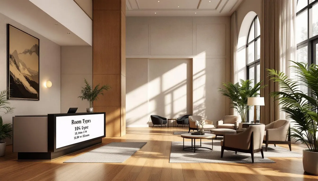 An elegant hotel lobby features stylish decor and a display showcasing various hotel room types, including deluxe rooms, twin rooms, and presidential suites, providing guests with information about their accommodation options. The inviting atmosphere hints at the luxury and comfort of the hotel rooms available.