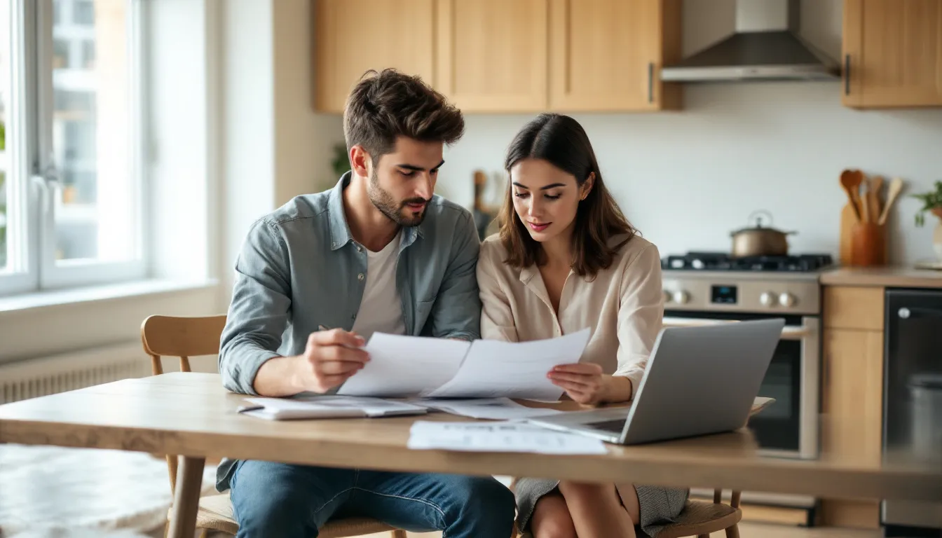 A young couple sits at their kitchen table, reviewing financial documents and discussing their retirement plans, including options for Roth IRA contributions and the implications of pre-tax versus after-tax dollars. They appear focused as they consider how to optimize their tax savings and plan for their future financial security.