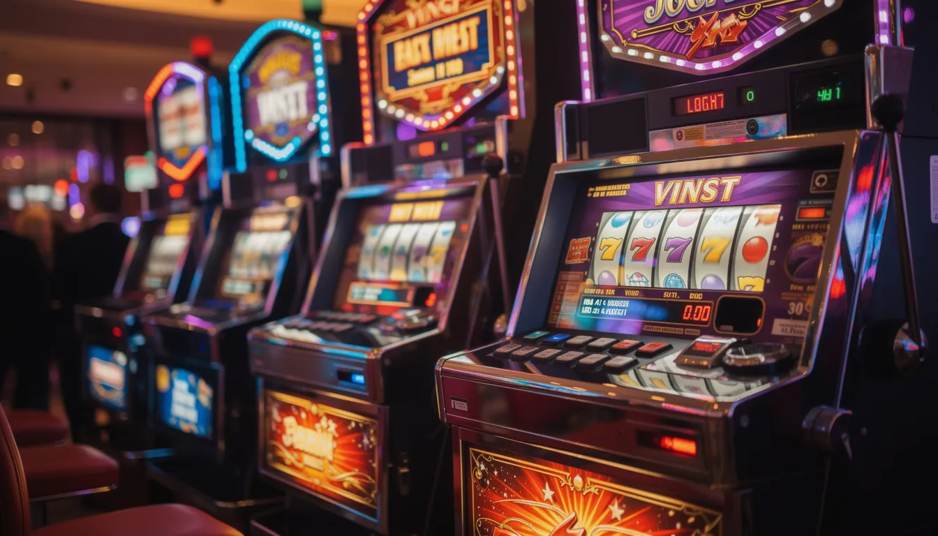 Bildbeskrivning: Färgglada spelautomater med blinkande ljus står i rad i ett casino, vilket skapar en spännande atmosfär för spelare som söker nya thrills. Automaten är dekorerade med olika symboler och skärmar som visar vinster och bonusar.