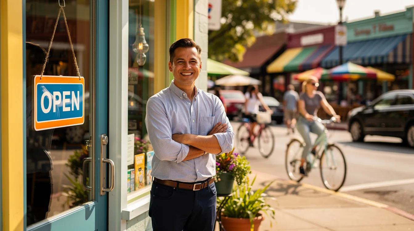A proud small business owner stands in front of their shop with an open sign, showcasing their independent business in a vibrant neighborhood filled with potential customers. This image highlights the importance of small businesses in the economy and the role they play in job creation and community development.