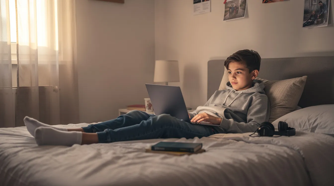A teenager is sitting comfortably in a quiet bedroom, using a laptop to engage in online therapy, highlighting the importance of mental health support for teens. This setting provides a safe space for discussing mental health concerns and accessing virtual therapy services from the comfort of home.