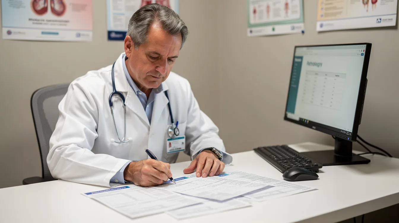 aaabddb3 64e3 4362 b60c ca4fb80e7c43 A doctor is seated at a clinic desk, intently reviewing pathology lab reports, which detail various diagnostic tests. The setting reflects a modern diagnostic center, emphasizing the importance of accurate results in the healthcare sector.